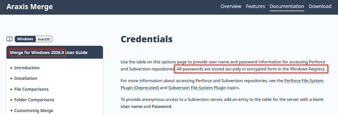 Merge for Windows 2026.0 user guide, Credentials page